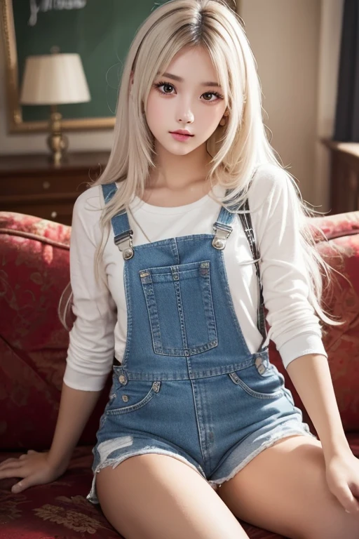 Anime, sweet cool wind, blonde, skateboard, personality denim jacket and denim skirt, with a lollipop in your mouth.