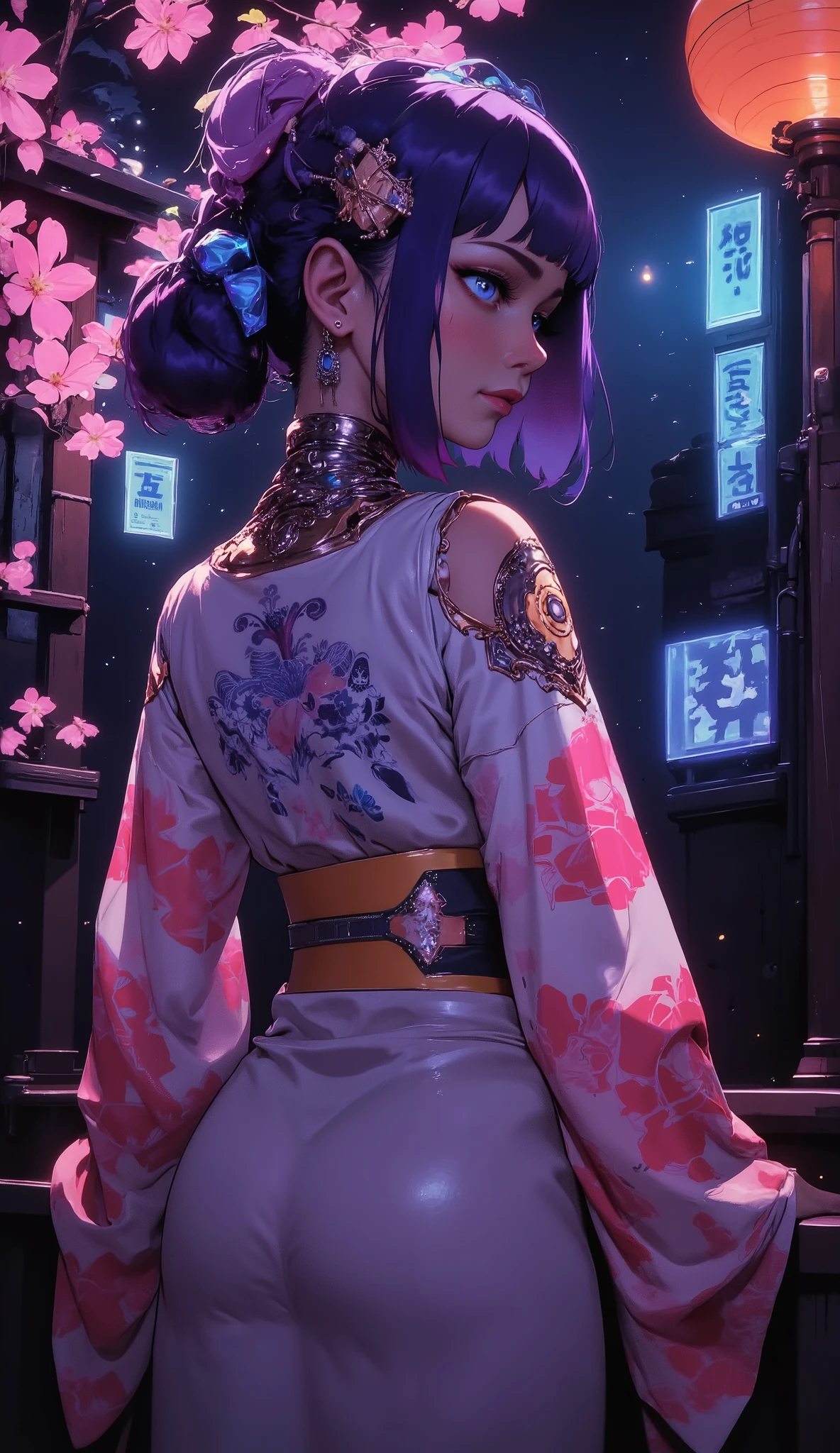 masterpiece, best quality,Meltryllis, Blue eyes, blue tape, hair tape,purple hair, tape,choker,slender girly breasts,woman in kimono, backend types, looking back, under cherry blossoms at night, glowing lanterns, elegant pose, hair ornament, Easy smile, Mysterious Beauty,