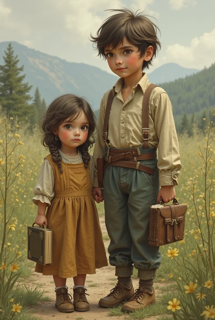 the little explorer, boy in a hat and girl, were two brothers, various poses and expressions on white background, children's book illustration style, simple, 7 years old, short brown hair, they found an old trunk in the attic of the house, this trunk had with a map, they were very surprised by this map