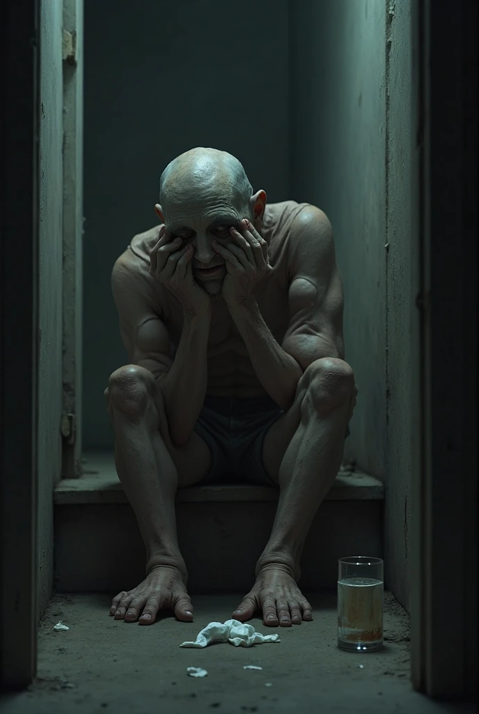 In a dimly lit room, a person sits cross-legged on the floor, their face etched with quiet determination. Their gaunt frame and hollow cheeks are illuminated by the soft glow of a single candle, casting long shadows on the walls. Beside them, untouched plates of food and glasses of water sit cold and neglected. The contrast between their emaciated form and the abundant, still food emphasizes the sacrifice they make in their devotion. Their eyes, focused and serene, reflect a profound sense of commitment and inner strength. The scene poignantly captures the essence of asceticism, where the physical toll of their restraint stands in stark contrast to the material abundance that remains out of reach.