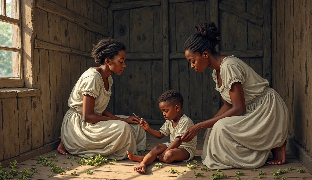 A drawing of a birth in the bush among black people without any maternity facilities