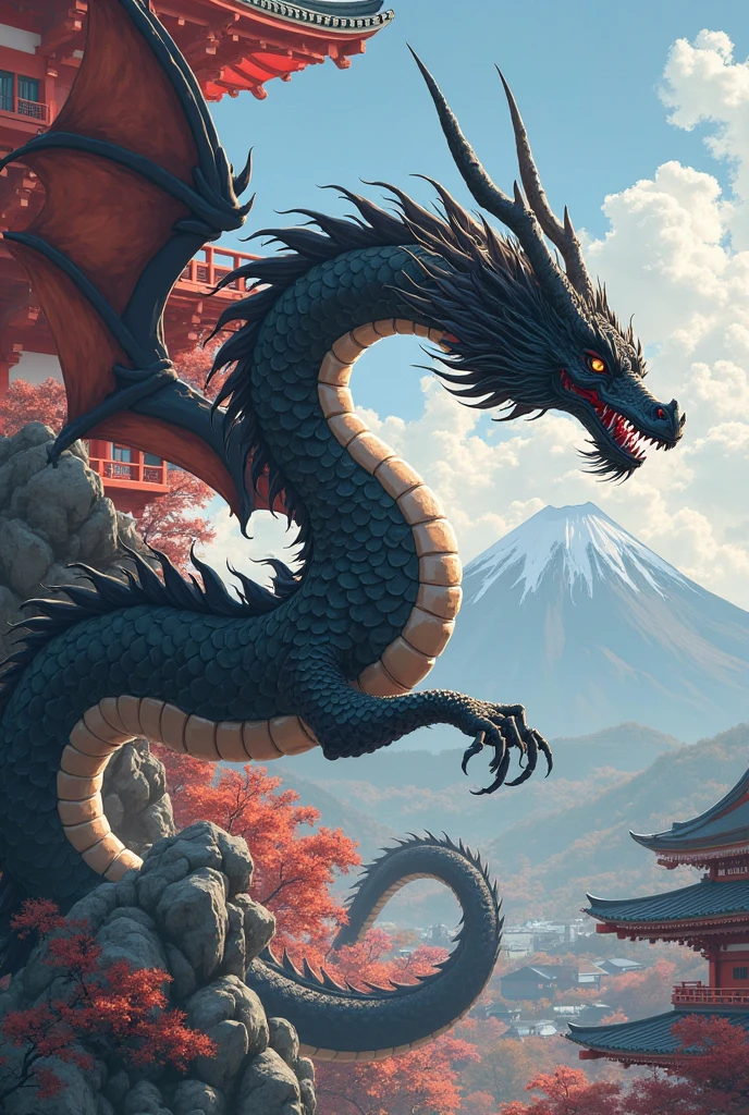 a dark dragon. on top of Mount Fuji. spitting fire towards the sun.