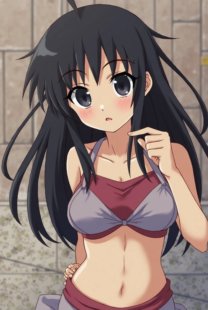 (masutepiece, Best Quality, High resolution, anime colours, megami magazine:1.2, anime poster style, anime keyvisual, sharp, 8k, photorealistic), (beautiful eyes:1.5, beautiful face), Kotegawa Yui, 1girl, solo, Cute, (Long Black Hair), (sagging large breasts:1.5), (loose camisole, no bra), (cleavage:1.5), (bent over, leaning forward, cowboy shot), (Perfect detailed Anatomy, beautiful detailed hair, perfect detailed body:1.2, shiny skin), (thick outline, Beautiful outlines, black outlines), simple background,