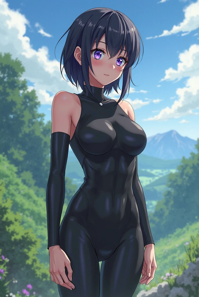 girl,Black Hair,Very short hair,Black leotard,Super High Leg Cut,Sweat,Serious face,blush,blue eyes,countryside,Rice Field,Serious face,sun,Large Breasts,Butt,Full body image,From below,return,Are standing,
