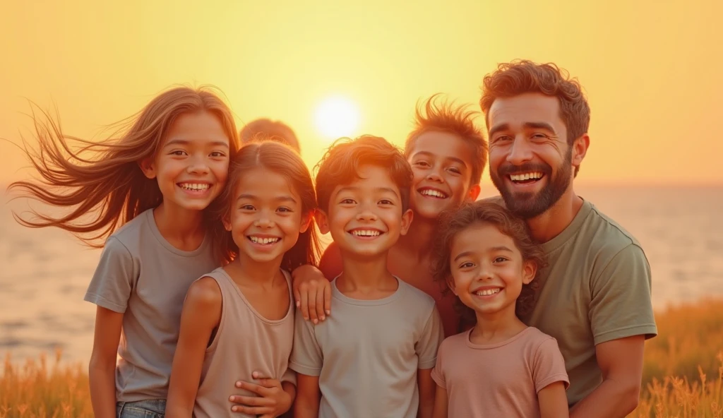 Father hugging his children and girl and 1 boy