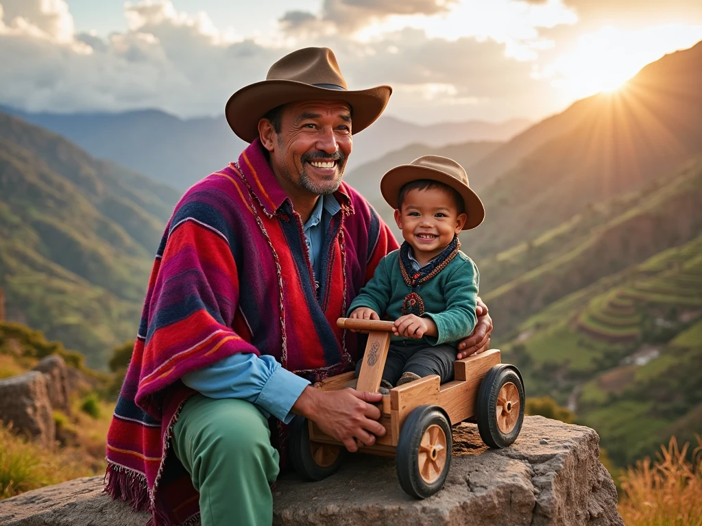 Very happy Peruvian Andean boy with white hat and black ribbon, black vest, White shirt, black pants and black sandals Playing soccer with epic open legs with snowy background and lagoons 