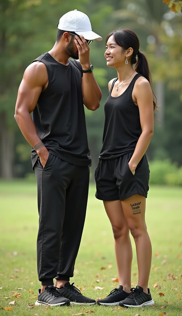 masterpiece, 8k, high resolution, best quality, ultra-detailed), 1 man and a woman together in the photo, the man is very tall, single, one person, bodybuilder, hot, perfect elongated face, handsome, bald, deep, detailed eyes, bald , shaved head, perfect body, 30 years old, muscular, very tall, pale skin, white skin, very tall (he is about 6 feet 5 inches, very muscular, smiling, sexual, winner, poses as a model, during the day, has light bright and dynamic sun, poses in a park with many trees and flowers, comfortable clothing, casual clothing, shirt, camisole, designer shirt, shorts, blue sneakers, all clothing Perfectly covers the extremely muscular body of the bodybuilder The man near the woman looking at each other, the man is taller than the woman A woman: Next to her is an Asian woman with a wavy face, smiling, long straight hair with curves at the ends, dressed in a pink t-shirt with short jeans, white socks and pink tennis shoes.