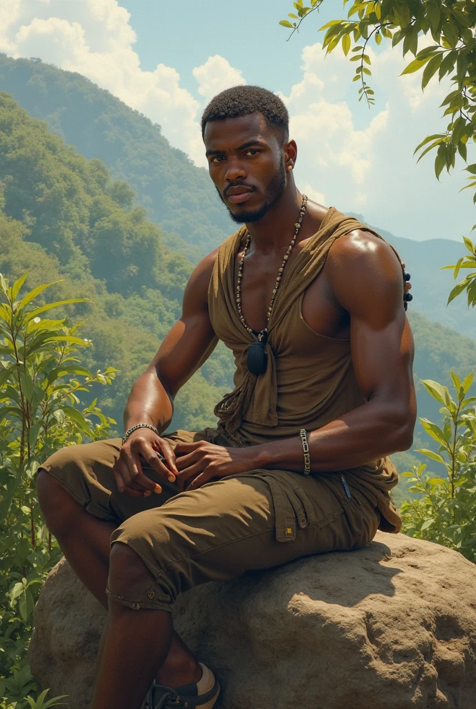 Photorealistic photo of /imagine African man 2.5 meters tall, very large in muscle, dressed as an indigenous man from the Congo jungle, holding on to his jungle designer underwear, has a muscular physique with 2 huge legs, and is spying on a person in secret behind a jungle tree, on a gorgeous day with wonderful sunlight