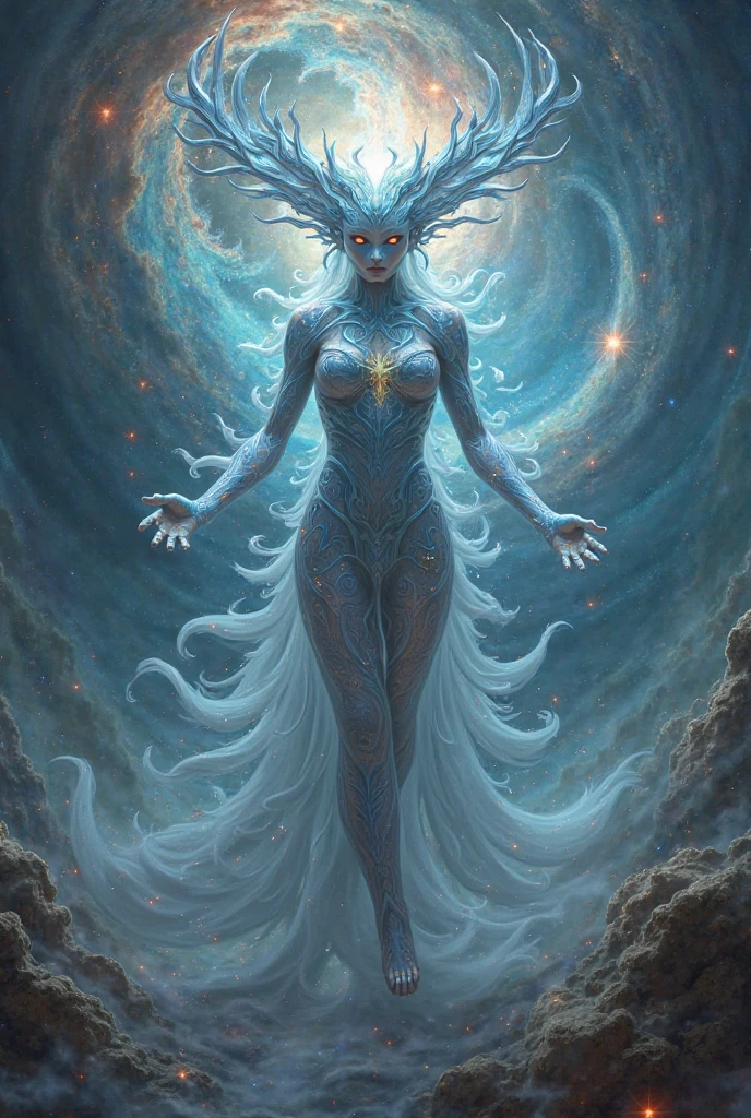 a stern Eldritch ancient god in the storm at night, draped in cloak of stars, [[Sophia Anne Caruso]], [Zendaya], translucent ivory masquerade mask of Eldritch horror, erotic pose, closed eyes, cinematic lighting, (by (Daniel Mernagh) (Carne Griffiths) Monika Nowak), highly detailed, detailed face, soft body, alien