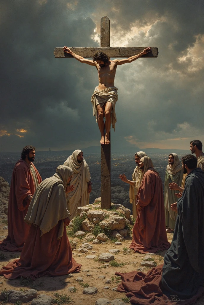 Create an image that captures the moving moment when Jesus, that cross, delivers your mother, Our Lady of Sorrows, to Saint John the Evangelist. Jesus must be crucified in the center of the scene, with an expression of suffering and compassion. He looks at Saint John, that is next to the cross, with an expression of dedication and concern. Our Lady of Sorrows deve estar abaixo da cruz, with an expression of deep sadness and resignation, while looking at Saint John. St. John the Evangelist must be holding Mary's hand in a protective and gentle way.. The scene should convey an atmosphere of pain, sacrifice and hope. The background can be a dark and dramatic landscape, with dark clouds and a soft light that highlights the central scene.