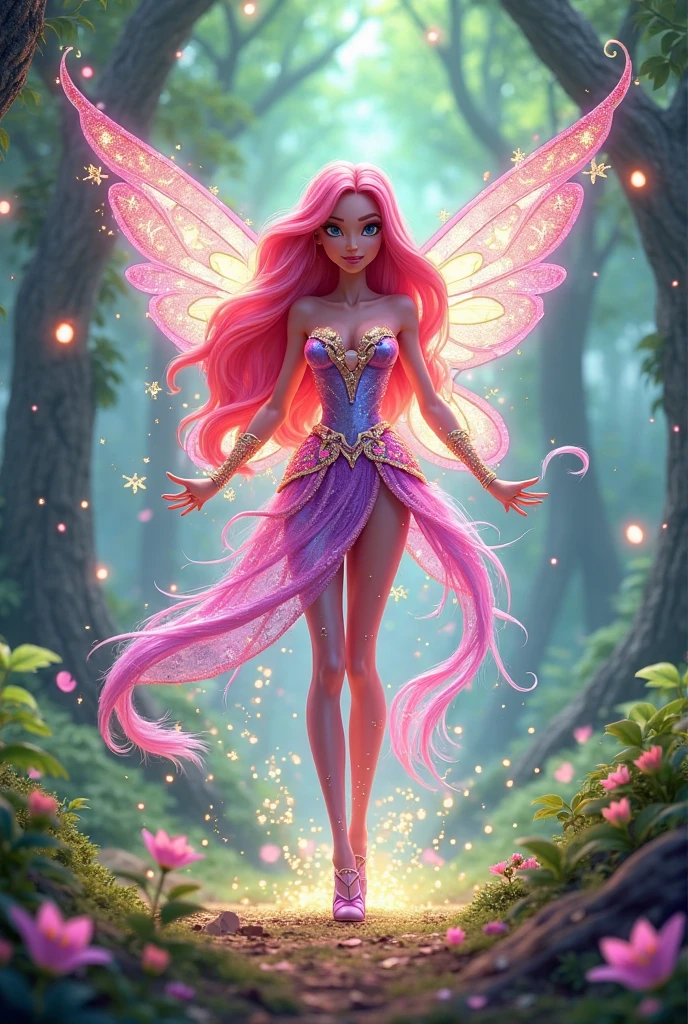 a picture of a jungle fairy, an extraordinary beautiful, elegant beauty, divine beautiful fairy, ((anatomically correct: 1.5)) spread butterfly wings, colorful wings, pink eyes, glowing eyes, (ultra detailed face: 1.2), best detailed face,  blond hair, rich hair, wavy hair, glamour dress, wild dress, dress decorated with jungle flowers,  sitting on massive heliconia tree the rain forest, sun rays coming through the trees, Hyperrealism style, vibrant, Ultra-high resolution, High Contrast, (masterpiece:1.5), highest quality, Best aesthetics), best details, best quality, highres, ultra wide angle, 16k, [ultra detailed], masterpiece, best quality, (extremely detailed) RAW, Cinematic Hollywood Film style, FairyTaleAI, fairy wings, digital painting