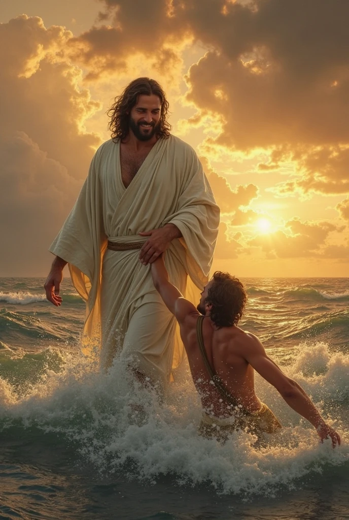 Jesus Christ holding ship&#39;s rudder and healing a sick man 

