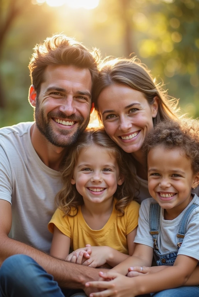 Capture a close-up of the couple with their three children laughing and playing together. Add a voiceover stating, "We've been blessed with three amazing children—two boys and a girl. They're our pride and joy.