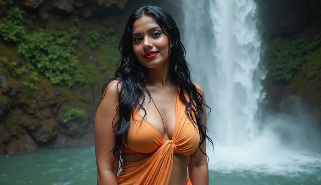 an attractive woman,Pocahontas, indian girl with brown skin, with jeans and a sleeveless shirt, 🤬 🤮 💕, beautiful peasant woman , pose natural, near a waterfall, 🐎🍑, Latin woman