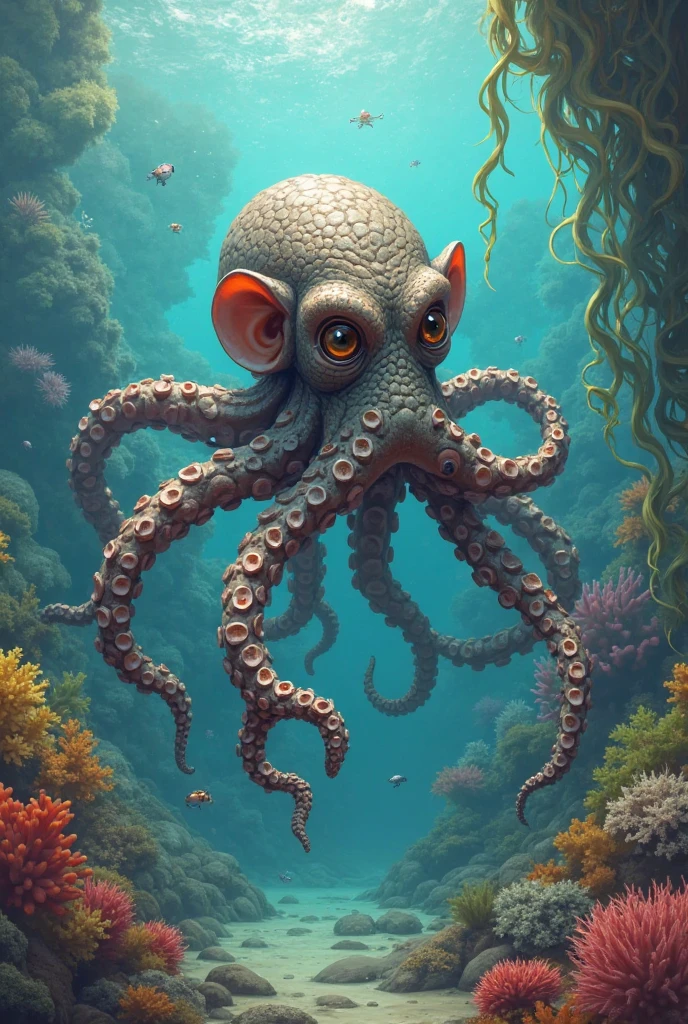 A giant psychedelic fish eye style octopus on the sea floor along with thousands of psychedelic fish eye mushrooms, and several psychedelic turtles illustrating astral travel more drawn bad trip and eyes on mushrooms less realistic cartoon octopus