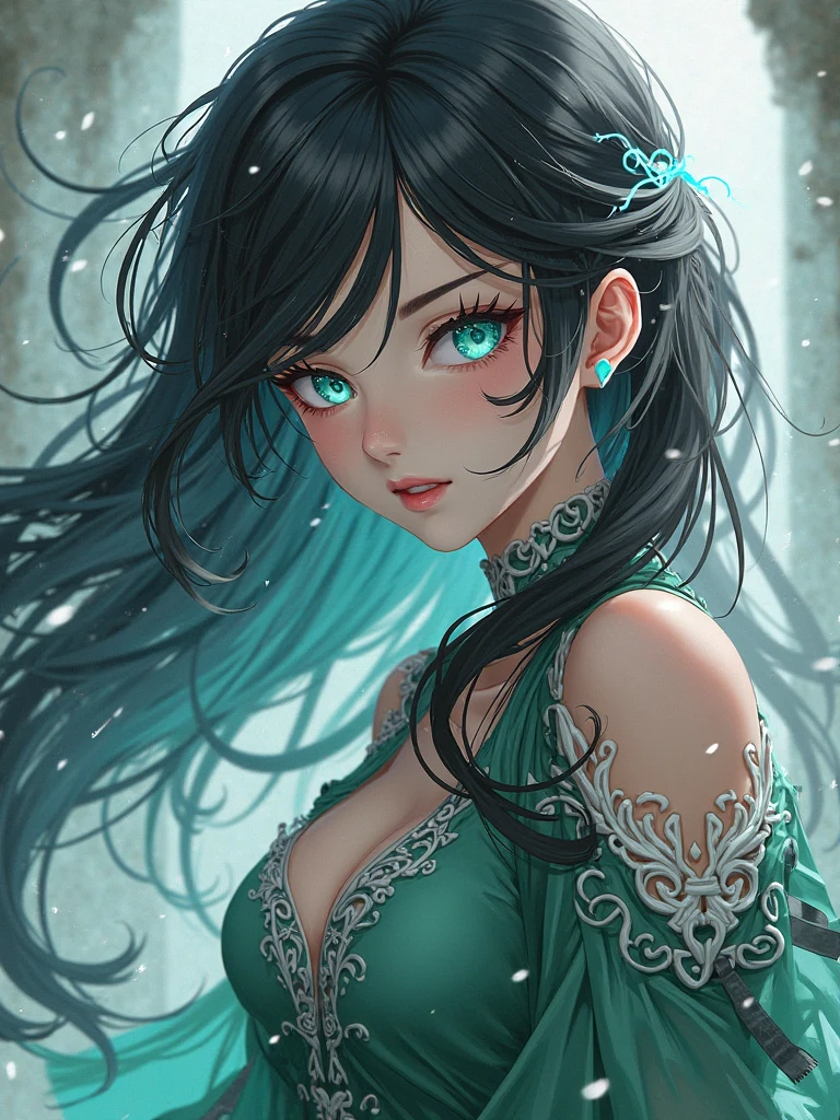 A ice elf (lovely woman, pale blue skin, deep blue hair and eyes, sheer reflective evening dress) acting alluring in a winter wonder land
