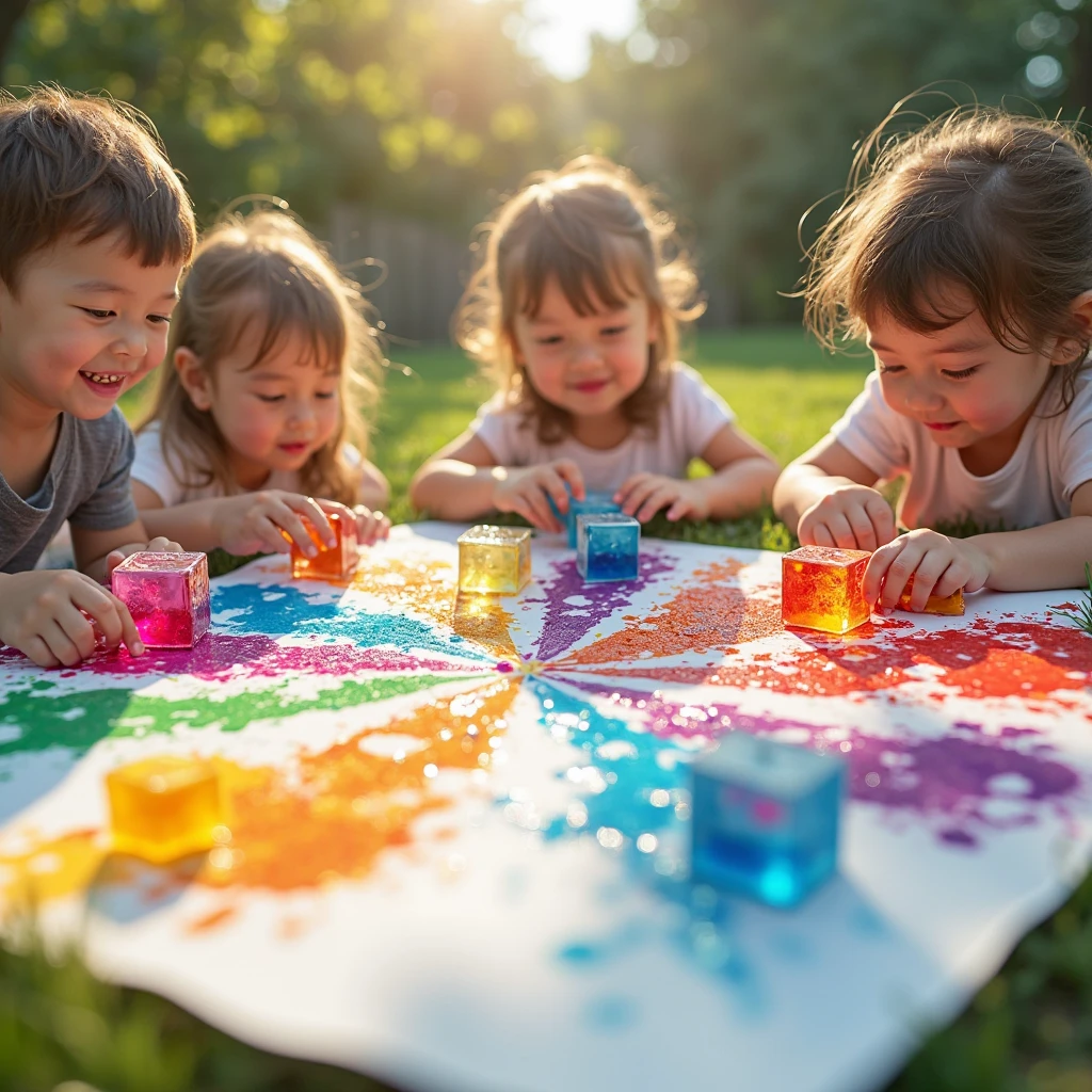 cheerful white children in bright t-shirts draw pictures 