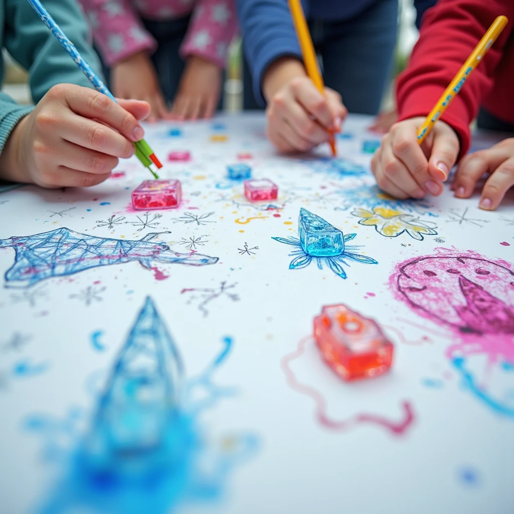 Imagine 3 kids ( 2 male and 1 female) drawing on a white paper with some color pencils. Shot type: mid shot. Angle: top angle. Style: pencil sketch