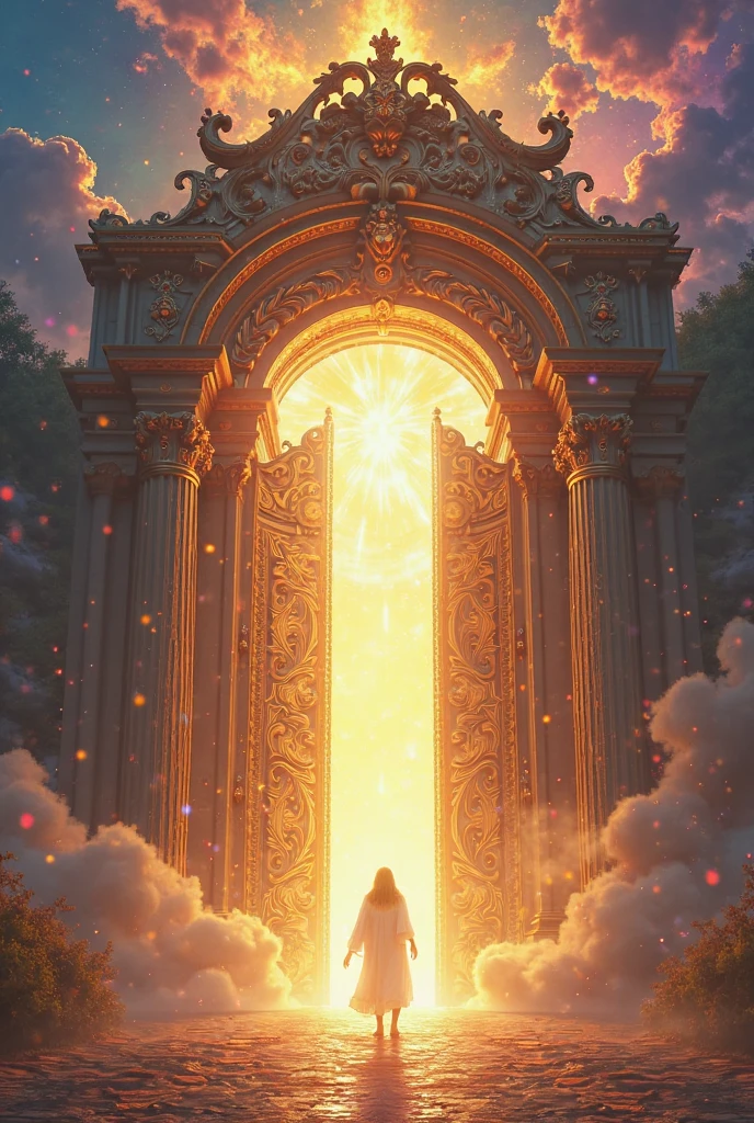 The image shows an imposing and open heavenly gate, with details in gold and precious stones, that seem to lead to a sacred kingdom. The light emanating from this gate was so bright and beautiful, that created an environment of hope and enchantment. The gate was richly decorated and with angels around, that they seemed to be waiting for the arrival of new members of the heavenly court. } The beauty and majesty of the gates left anyone with feeling of being about to enter a paradise. The gates were a symbol of faith, a promise of eternal life and peace. The image must be with neon glows surrounding with vibrant and radiant colors.