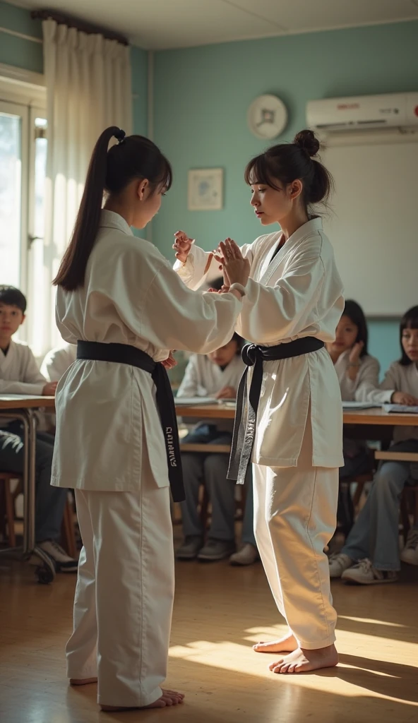 Two women in karate uniforms, barefoot. One is kicking the other in the stomach, causing them to vomit.