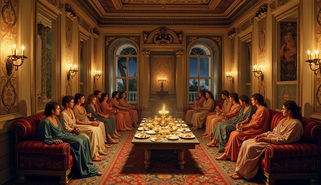 ((best quality)), ((Masterpiece)), (details), A photograph of a European woman wearing a royal robe with a serious expression sitting on a chair is in the center., Surrounded by seven fully naked women., large breasts, Straight hair and white skin, Some placed their hands on their shoulders or body.. The background is a room with luxurious decorations., The light is dim., Create a warm but lively atmosphere.. high resolution camera, Low-light photography, Inspiration of club culture, Modern Fashion, natural light, slightly shiny, Full body shot