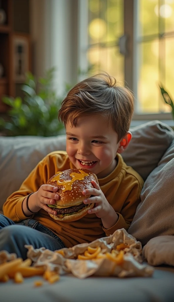 a chubby child cartonish eating fast-food too much