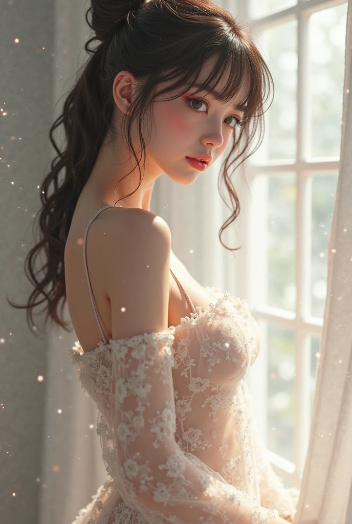 ((Best Quality)), ((Masterpiece)), (Details: 1.4), 3D, A Beautiful Kneeling Beauty (Light Brown Super Long Hair, Messy Hair: 1.9), (White Dress: 1.6) (Slippers: 1.3) (Black Pupil: 1.1), Two Long Legs, HDR (High Dynamic Range), Ray Tracing, NVIDIA RTX, Super-Resolution, Unreal 5, Subsurface Scattering, PBR Textures, Post Processing, Anisotropic filtering, depth of field, maximum sharpness and sharpness, multi-layer textures, albedo and specular mapping, surface shading, accurate simulation of light-material interactions, perfect proportions, Octane Render, bicolor light, large aperture, low ISO, white balance, rule of thirds, 8K RAW,