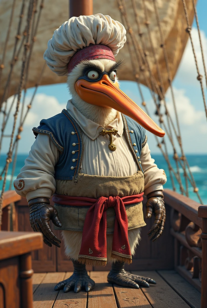 Kermit the Frog at the helm of the Flying Dutchman, with a pipe of tobacco in his mouth, with a pirate hat, there is a storm with thunderstorms in the background, with a white-crested cockatoo on his shoulder