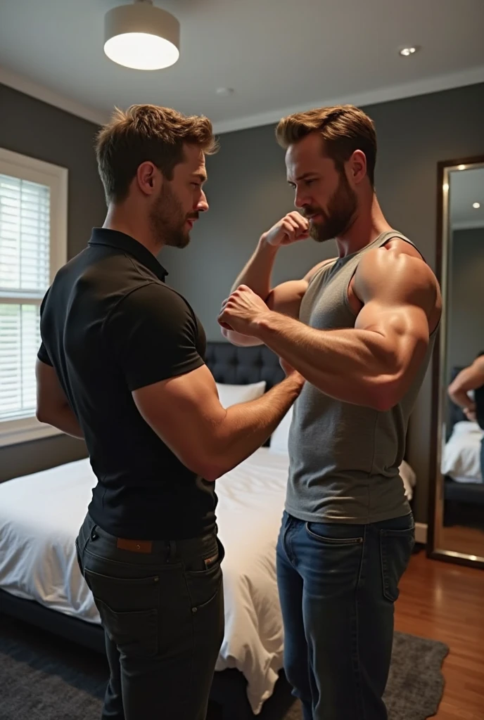 two muscular men kiss passionately in each other's arms on the New York subway.