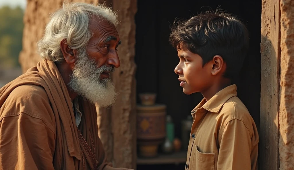 A scene on a busy street in India, showing an elderly man with white hair and a beard, wearing a beige jacket. He stands beside a young boy with bright blue hair, who looks up at him with a serious expression. The background is a bustling marketplace with blurred shops and pedestrians passing by, creating a sense of movement. The title of the movie is displayed at the top of the image in bold red and yellow text, contrasting with the muted colors of the street scene."
This prompt should capture the essence of the scene you're describing!