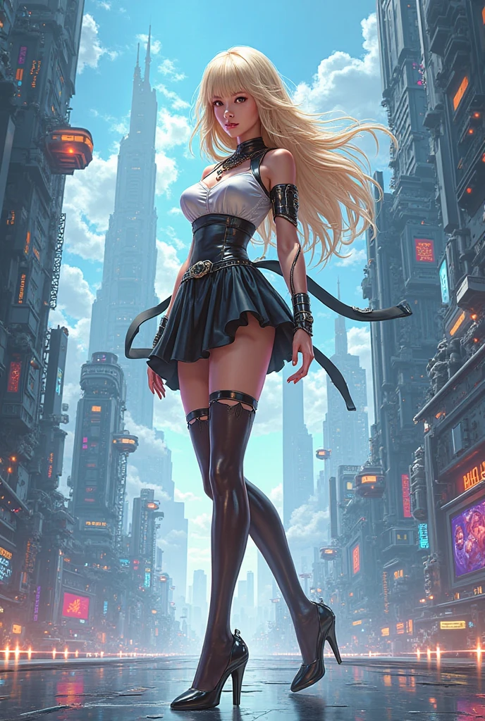 Video game girl character,blonde hair,star hair clip,black eyes,white skirt,white armor shirt,white boots,