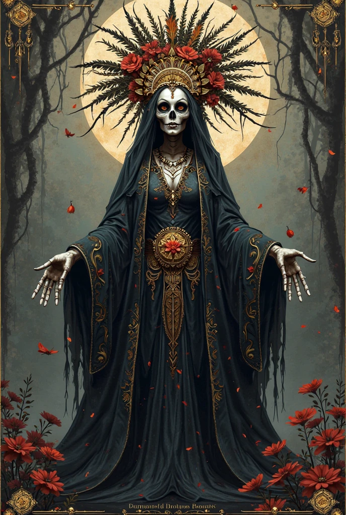 ( absurdrez , high qualiy , ultra detaild, be careful with your hand ) Santa Muerte – Goddess of Death , similar to santa Muerte mexicana , smart, rational, Obstinate face , mellow , Persistent, temperamental, irritable, oppressive style , black eyes (Eyes Detail), long wavy hair , Cabelo tenebrosa , Long semi-transparent dress , scenario with several bones, ox skulls, Cactos, tenebrosa, dark, Female empowerment, Holy, santa, Goddess of protection