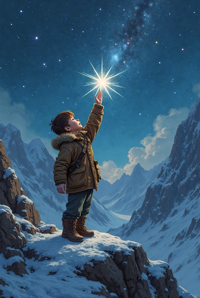 A scene of a child chasing his dreams looking up at the stars。