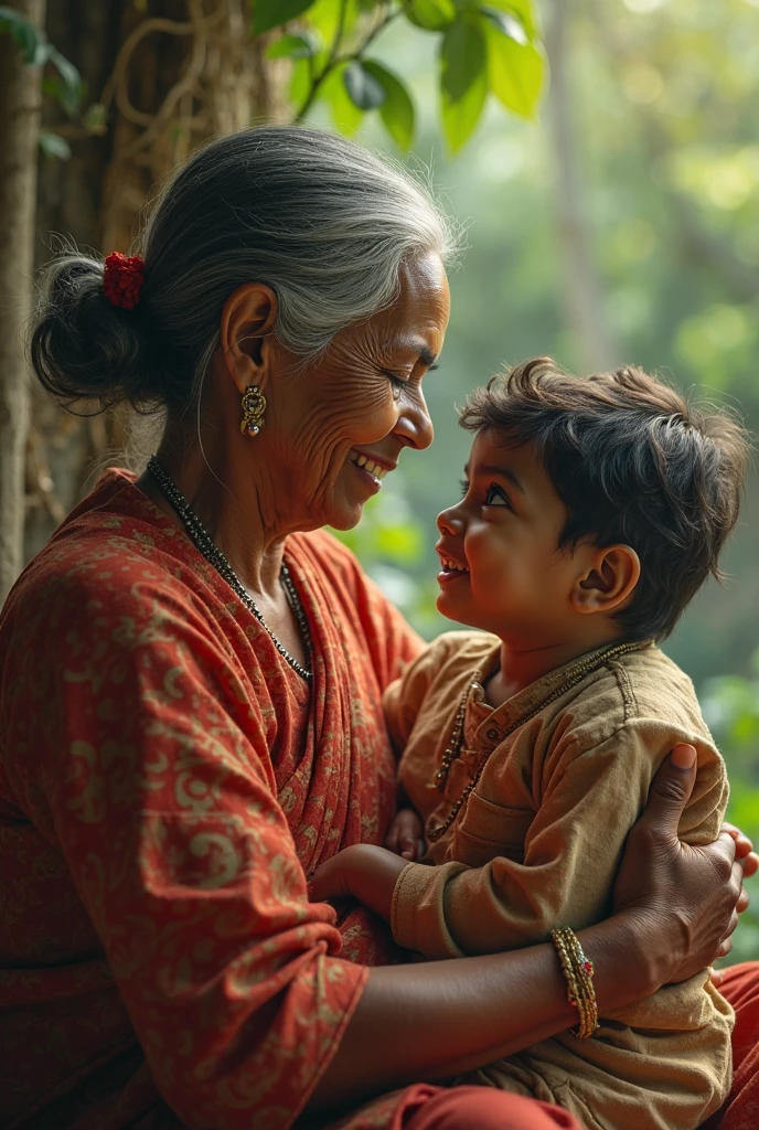 A heartwarming scene of an elderly woman with long, flowing gray hair and traditional Indian attire, adorned with gold earrings and bangles, gently kissing her young grandson, who has tousled dark hair and is wearing a blue plaid shirt. The background features soft, warm lighting from a window, with hints of a cozy home setting filled with plants and a table with fruits, capturing a moment of love and connection. Photorealistic, vibrant colors, soft focus, and emotional depth.