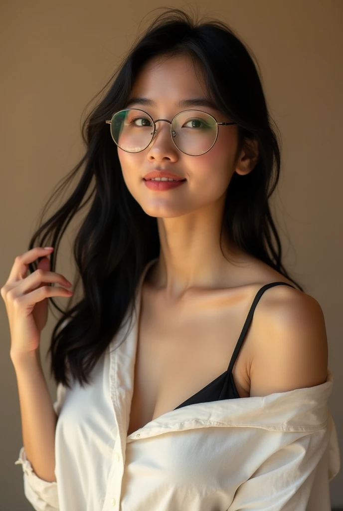 (realistic、masterpiece、Best Quality、8K、highres、high resolution:1.3)、1 glasses girl、Huge breasts、smile, white bikini、pale white skin、looking at viewers、super fine face and eyes、long hair、indoor、 upper body、
