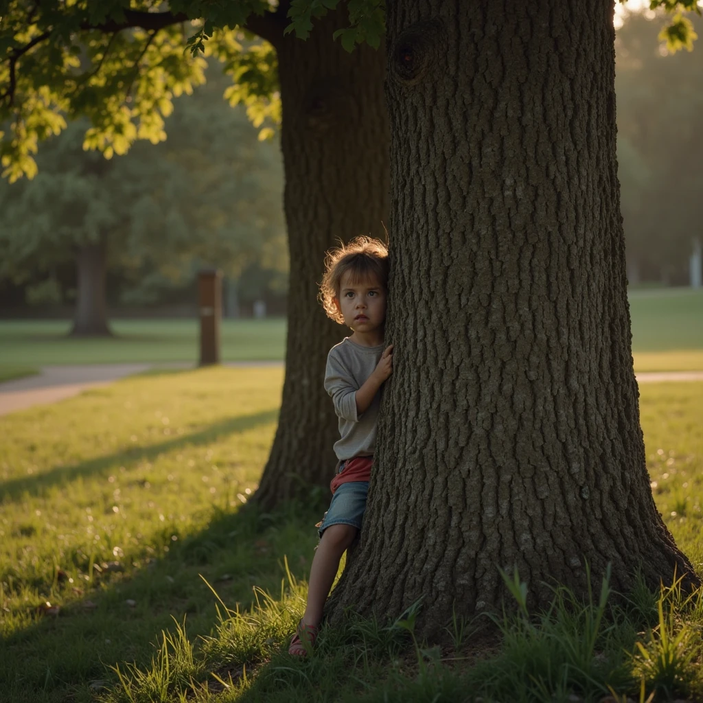 full body shot, wide shot, cinematic portrait 3.5 years old Asian girl with short pony hair, wearing jeans and white converse shoes, leaning against a tree in a misty forest, tall tree, lonely, wearing a sweater, artistic portrait, calm and quiet atmosphere, bokeh background showing a misty forest, high detailed image, view of the camera
