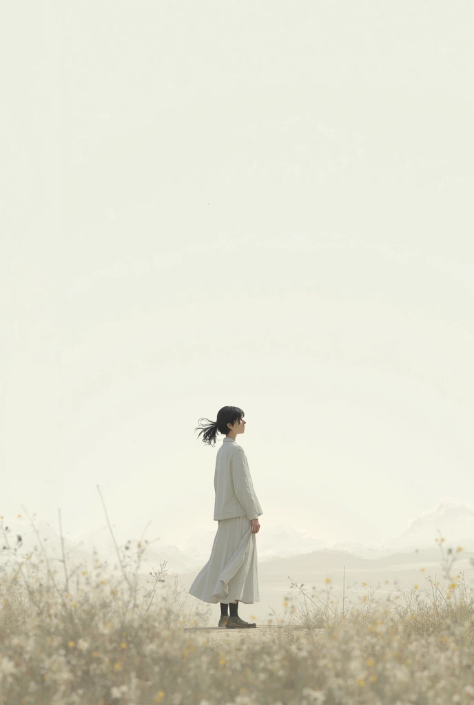 Chinese girl, Hanfu, chest-length skirt, two-dimensional (4K, Chinese painting, ancient style, Hanfu), on a rock, standing, black long hair, bare feet, looking up, blue sky, cliff