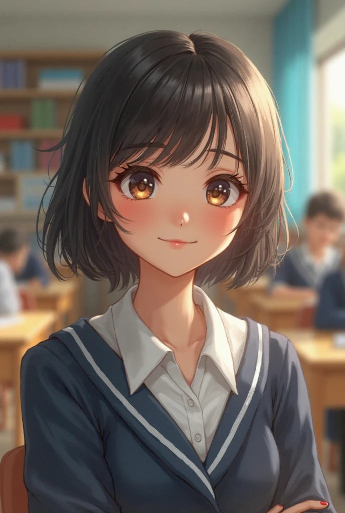 Cute and lovely elementary school first grade girl pretty face full body sitting full picture little child