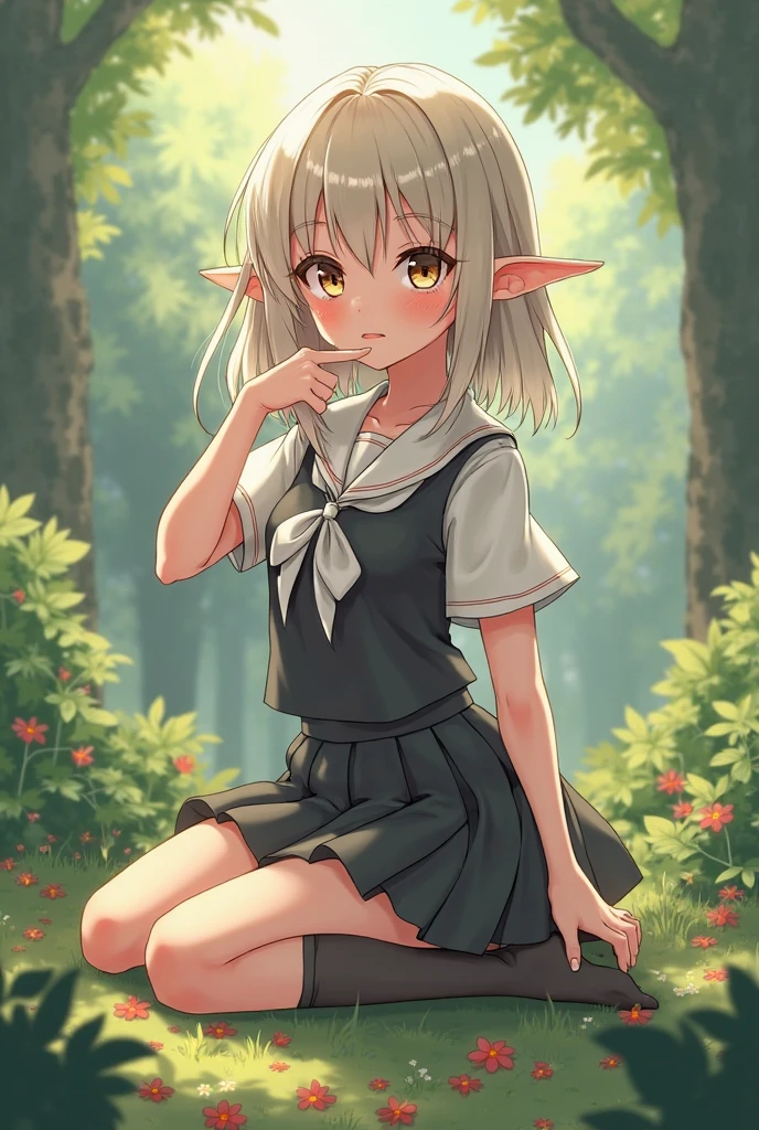 ((masterpiece,Highest quality;1.3,best illustration,realistic)), elf girls, elf ears, blushing, mouths open in arousal, incontinence、peeing pee stains, wet panties, ensemble in the forest, campfire.