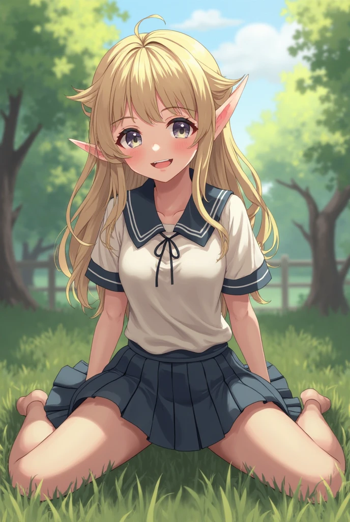 (masterpiece, best quality:1.2),illustration,8k,hd,1girl,solo,upper body,(portrait:1.2),(from the front), small breasts, ((flat-chested:1.4),elf,pointy ears,very long hair,blond hair, skirt,bow,pleated skirt,white shirt,red bowtie,short sleeves,ponytail,blue skirt,bangs,hair ribbon,collared shirt,parted bangs,white thighhighs,blue hair bow,blue eyes, (summer sailor uniform, serafuku, red ribbon tie, naby pleated micro skirt, celeste string panties), upskirt:1.3, ((sitting, squatting, spreading legs)), peeing, (spreading vulva by herself), peeing:1.5, nose blush, female orgasm, sweating, steam