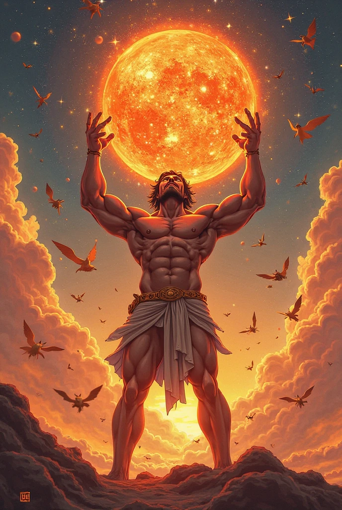 Atlas in space holding a planet,  full body shot without boots

