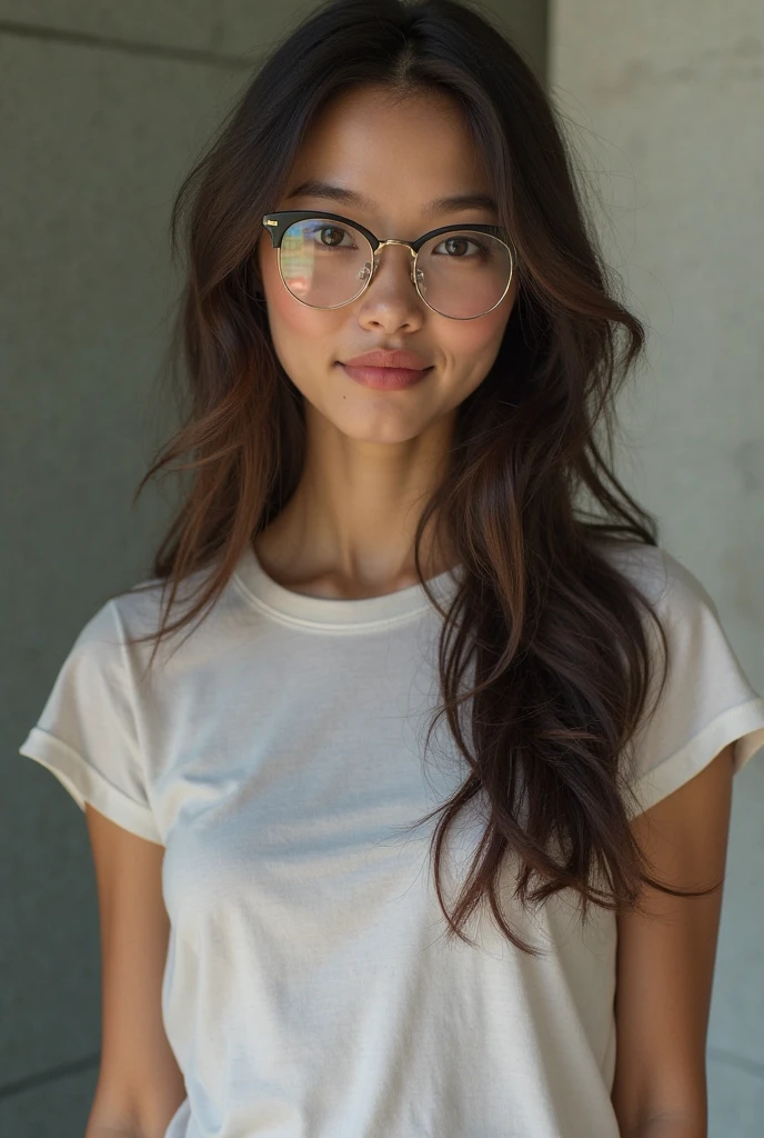(best quality,realistic),portrait,one indian gorgeous 23 years old woman, smile, beautiful, clear facial features, beautiful skirt, outdoor, half body, wearing glasses, modeling photography