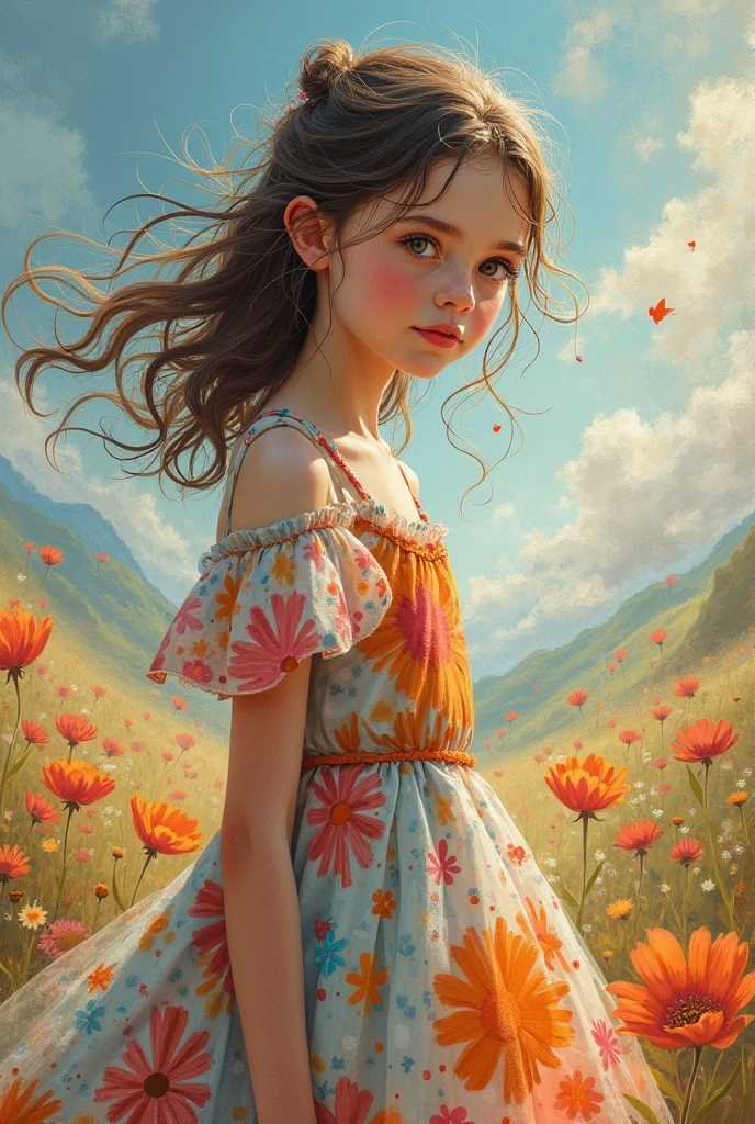 A girl with curly brown hair and expressive hazel eyes., Stylish clothes and a confident smile. She stands in a lush vibrant garden with colorful flowers。. The sun's rays gently illuminate her face, Highlight her natural beauty.
Material: High-quality illustrations with a touch of oil painting that make use of rich colors and textures..
Further details: The garden is full of butterflies and birds, Add life and movement to your scene. Milly has a canvas and a palette of bright paints, alludes to her artistic nature and creative pursuits. The flowers in the garden are in full bloom, display different shapes, size, and color. The air is filled with the sweet smell of flowers, Create a calm and enchanting atmosphere.
image quality: (highest quality, 4k, High resolution, masterpiece:1.2), super detailed, (realistic, photorealistic:1.37). Image requires HDR effects and studio lighting, Capture every tiny detail、Create a truly immersive experience. Colors must be vibrant, Bring your scenes to life with depth and realism. The focus should be sharp, Allow viewers to appreciate delicate brushstrokes and intricate details.
art style: Fusion of portrait and landscape, Expressing Millie's beauty in a natural environment. Style needs a touch of fantasy, Add to the enchanting atmosphere of your garden.
color palette: soft pastel colors with pops of vibrant hues. The overall tone should be warm and inviting, Create a comfortable and soothing visual experience.
lit: soft, golden sunlight flowing through the leaves, Casting warm light on Milly and the garden. Shadows should add depth and dimension to the scene, Create a fascinating interplay between light and shadow.
without explanation、Remember to combine and place tags within a single prompt。, Separate each tag with a comma.