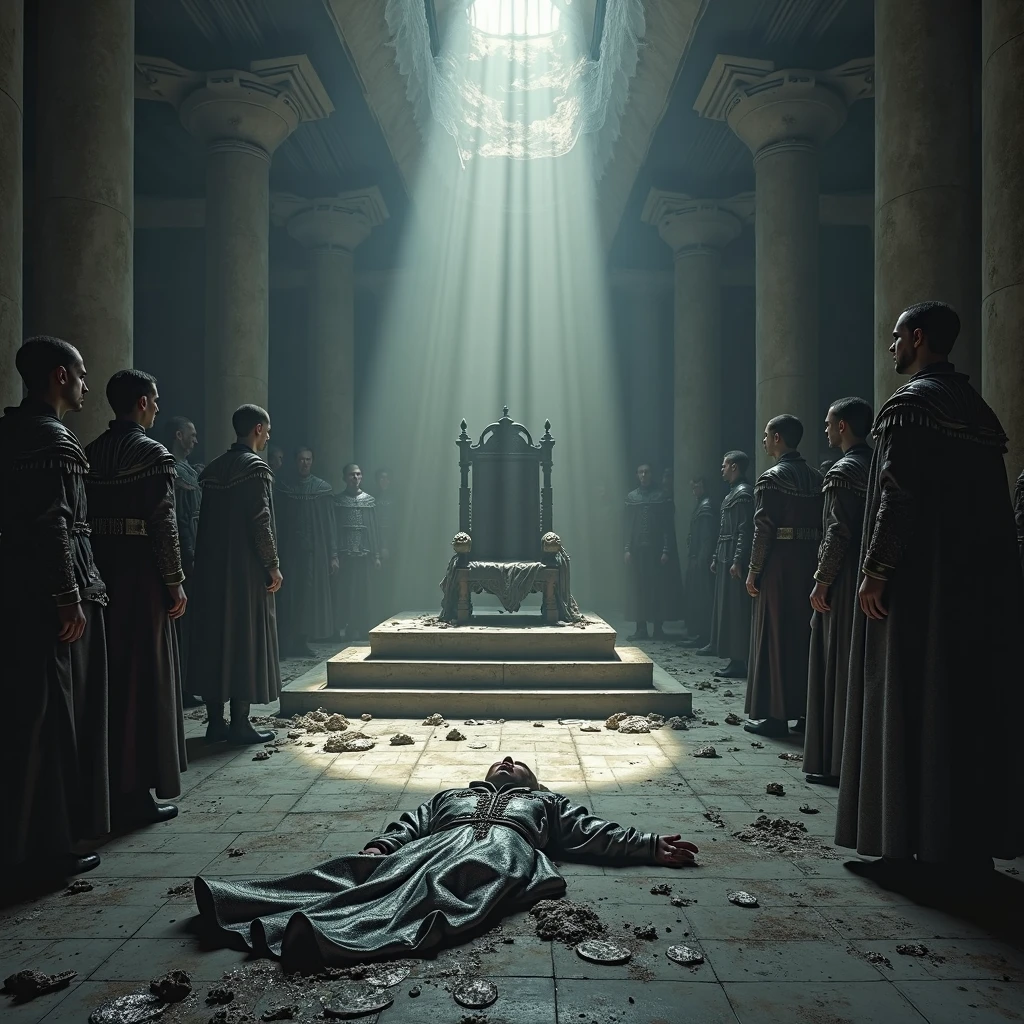 King fallen at a round table with generals and dukes around 