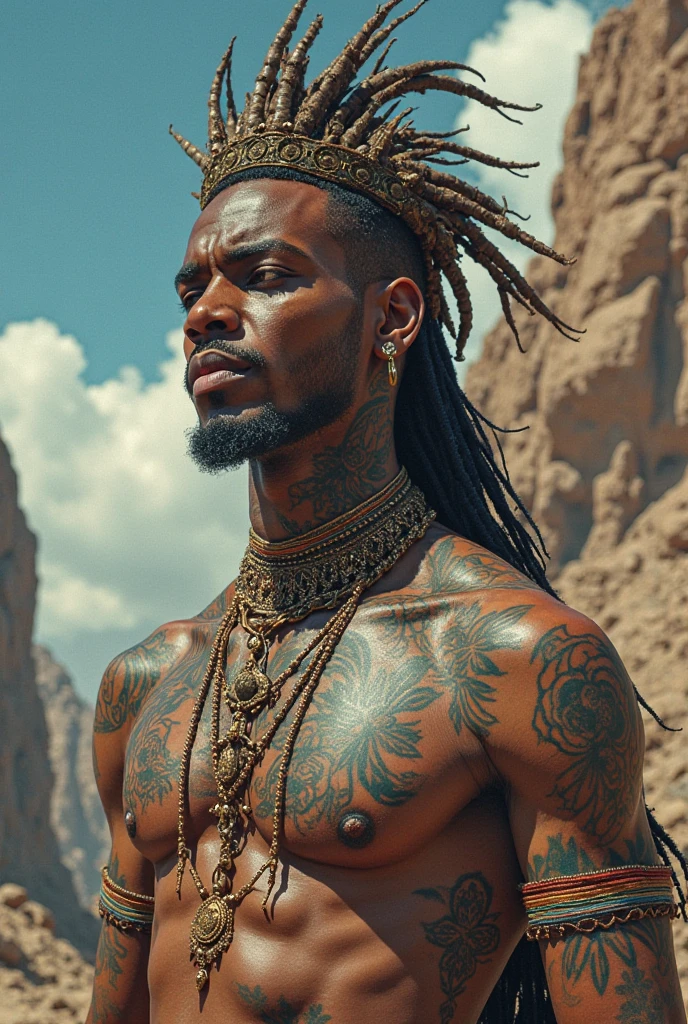 Handsome black man with a cornrow hairstyle, green eyes, no facial hair & a tattoo wrapped around his neck featuring different animals.