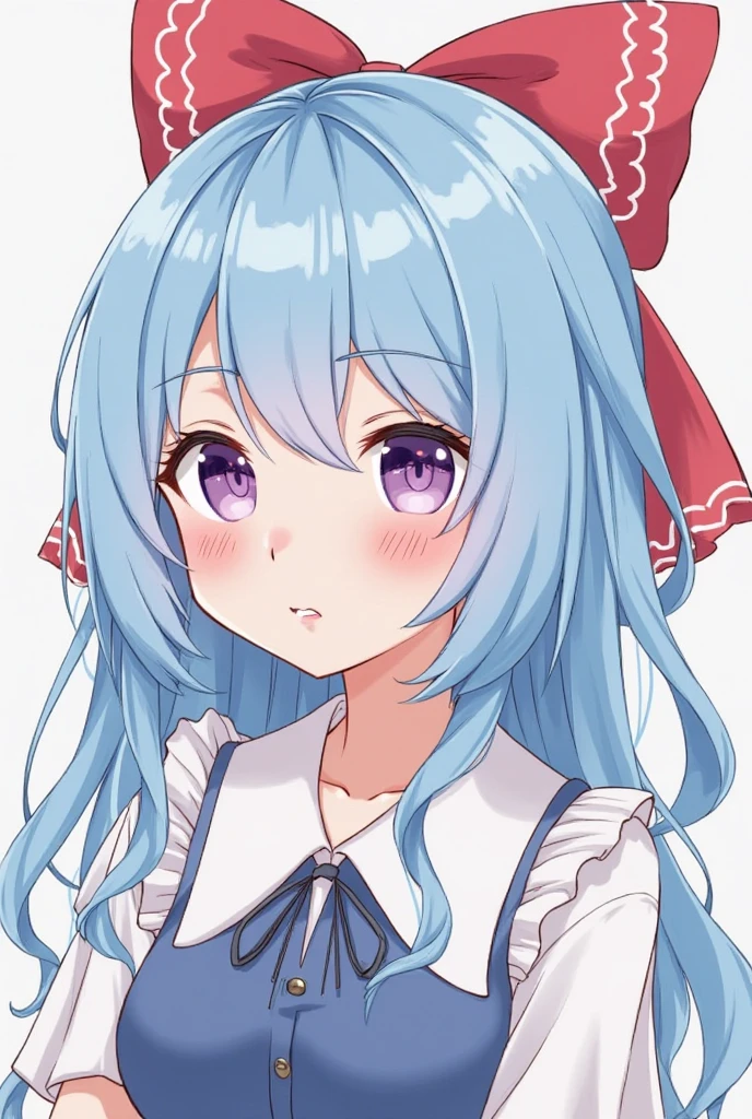 1girl, solo, blue eyes, long hair, blue hair, blush, parted lips, looking at viewer, bow, simple background, off shoulder, hair between eyes, upper body, white background, collarbone, bangs, shirt, red bow, white shirt, sweat <lora:freng_V8:1>