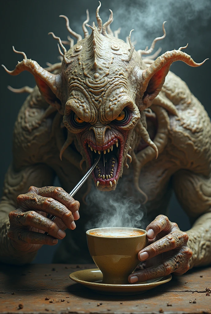 German Moster drinking coffee