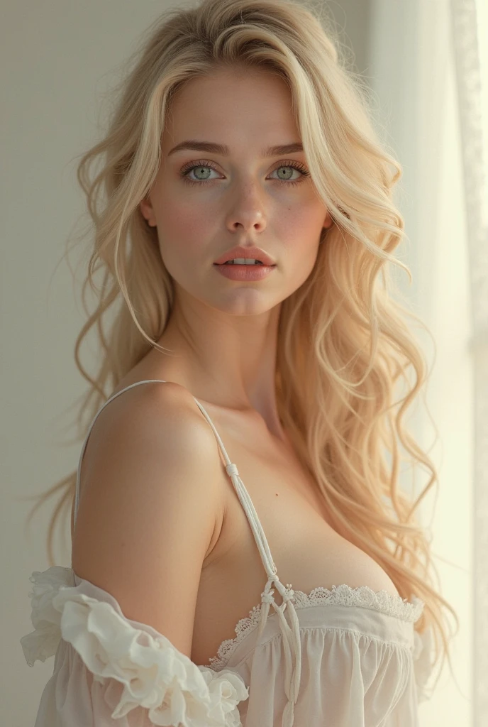 English woman, blonde long wavy hair, very beautiful, model face, goddess body, in transparent white underwear, head on, 8K photo quality, Realistic details, ultra definition.