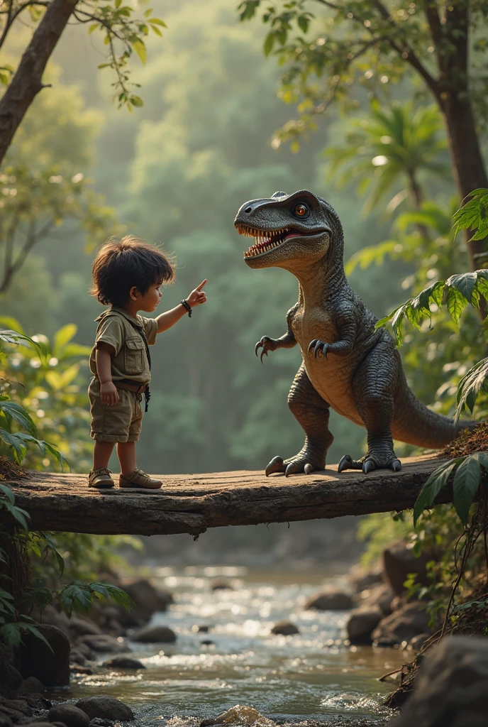their initial fear replaced by fascination. The dinosaur tilts its head, sniffing the child curiously.