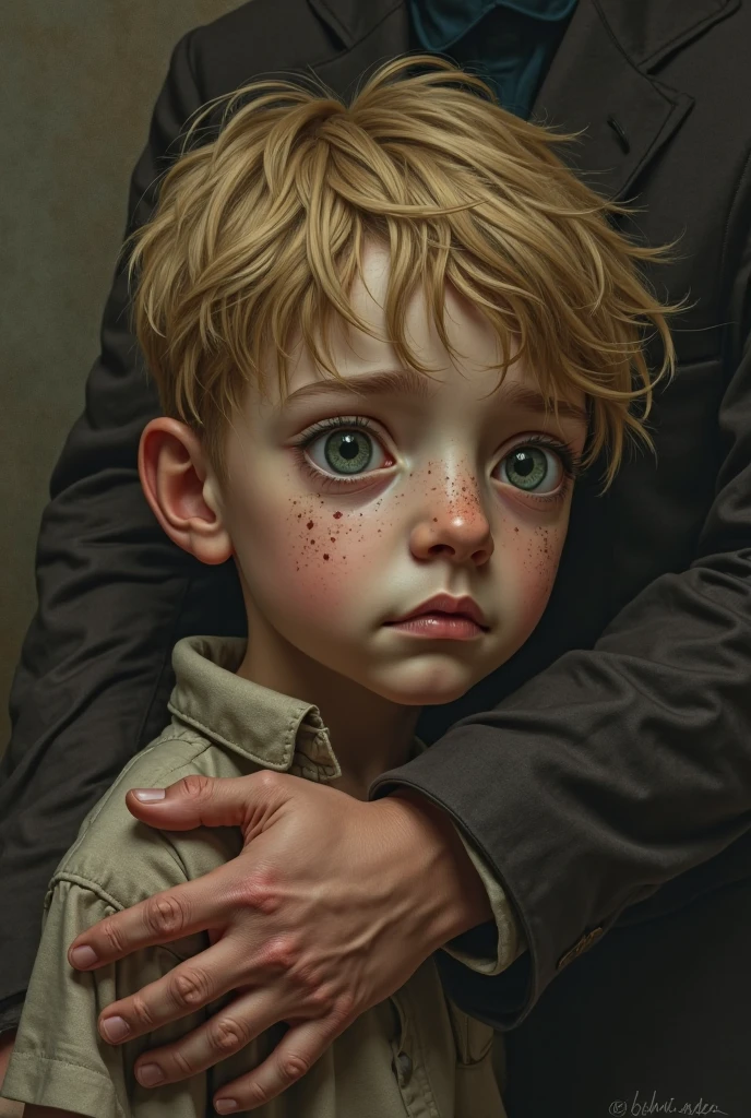 Realistic drawing of an  boy, blond hair green eyes, with a black shirt, leaning out of the door of his room, with a scared and sad expression, all dark at night 